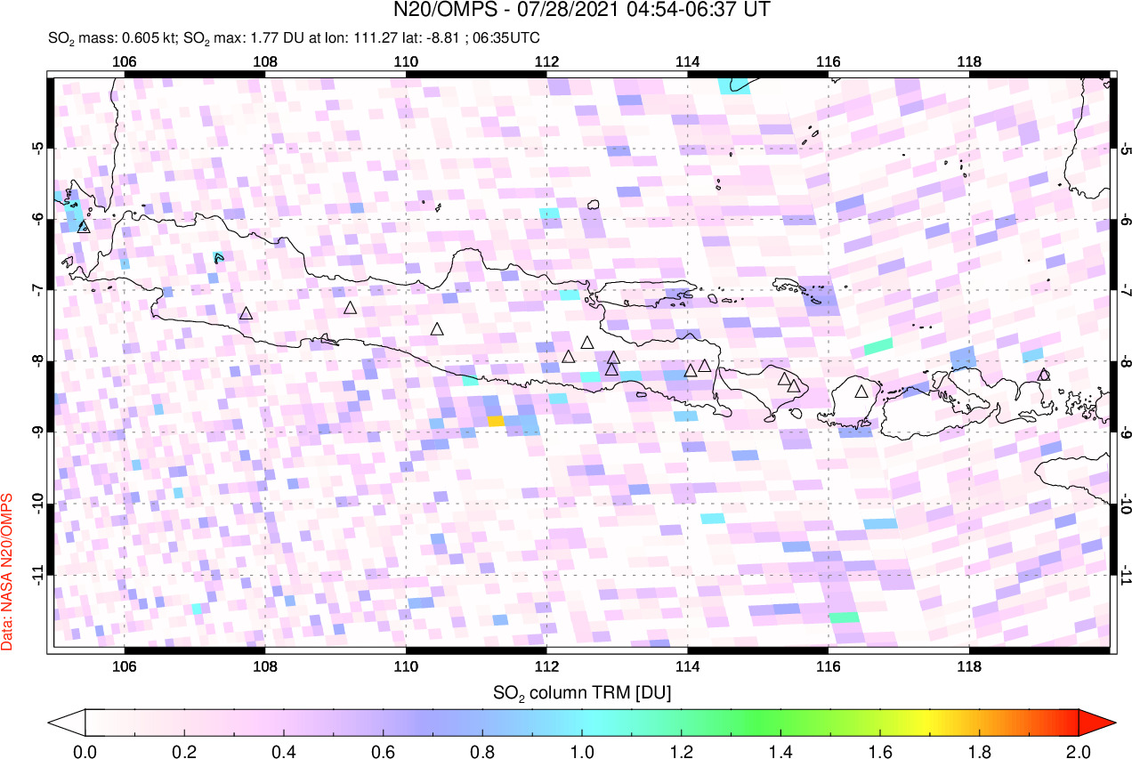 A sulfur dioxide image over Java, Indonesia on Jul 28, 2021.