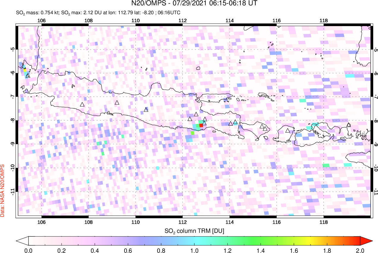 A sulfur dioxide image over Java, Indonesia on Jul 29, 2021.