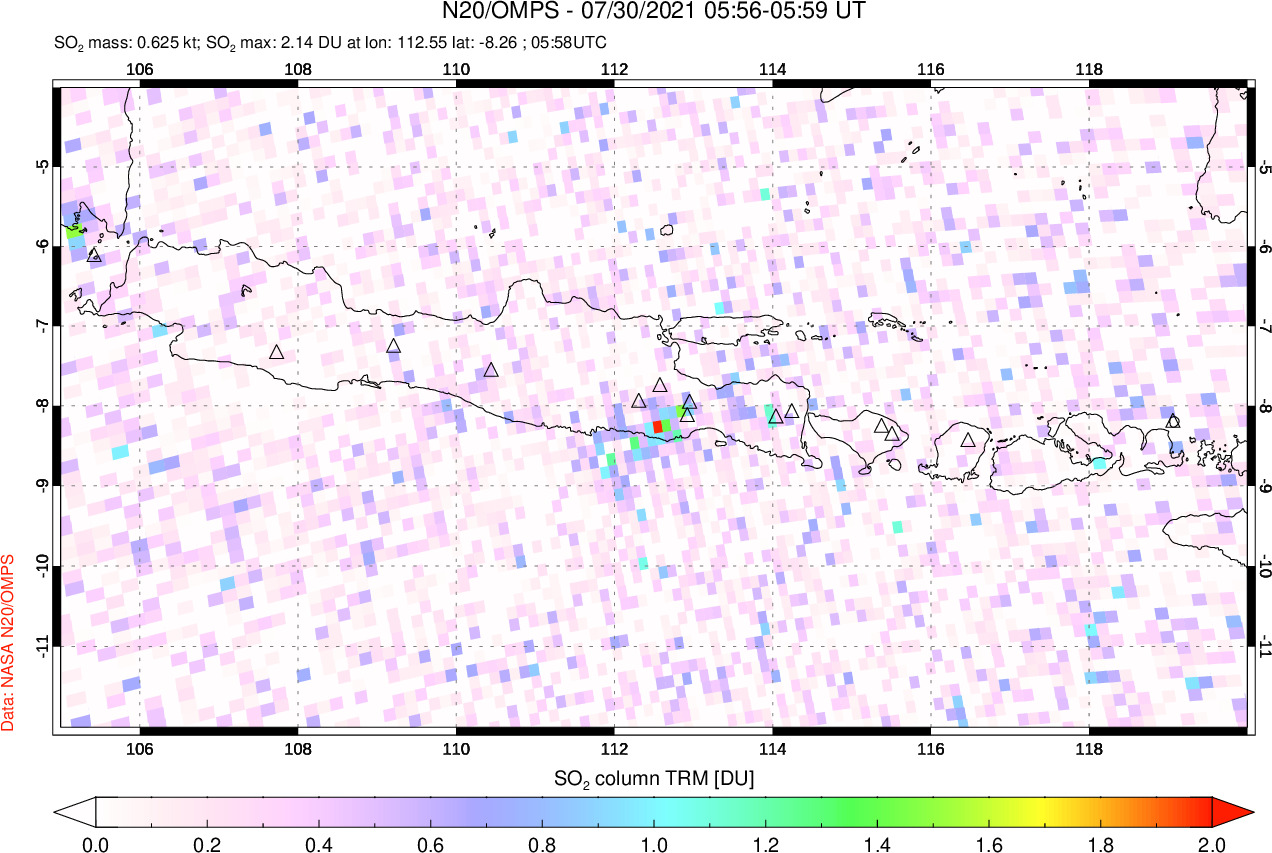 A sulfur dioxide image over Java, Indonesia on Jul 30, 2021.