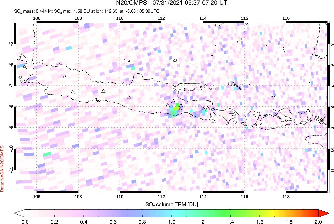 A sulfur dioxide image over Java, Indonesia on Jul 31, 2021.