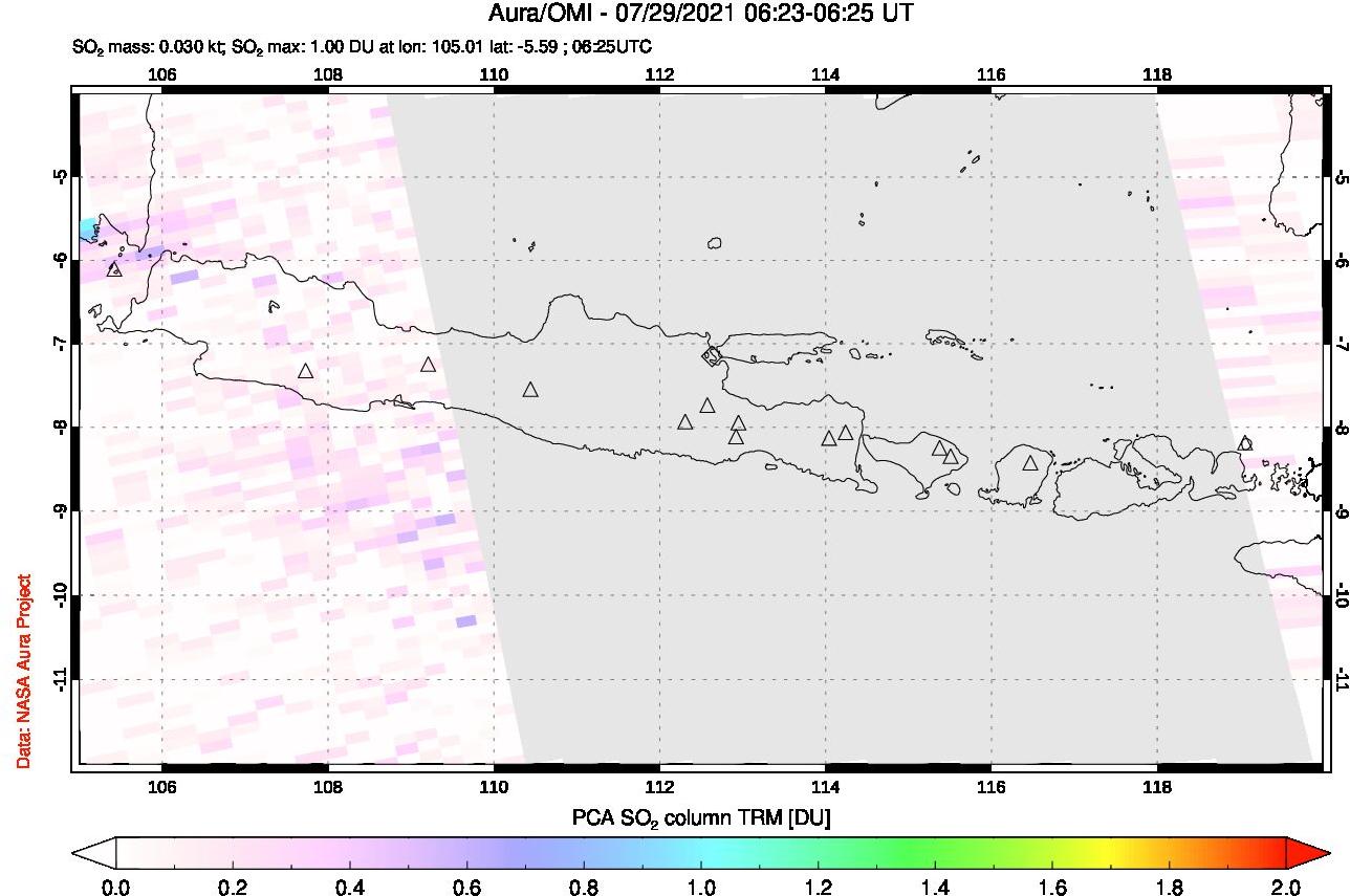 A sulfur dioxide image over Java, Indonesia on Jul 29, 2021.