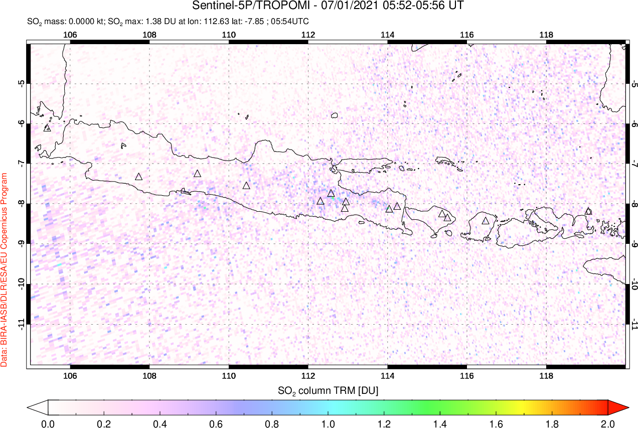 A sulfur dioxide image over Java, Indonesia on Jul 01, 2021.