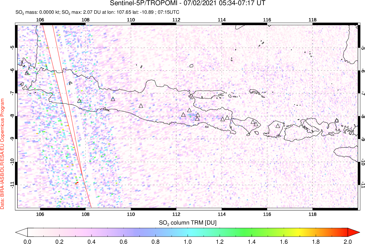A sulfur dioxide image over Java, Indonesia on Jul 02, 2021.