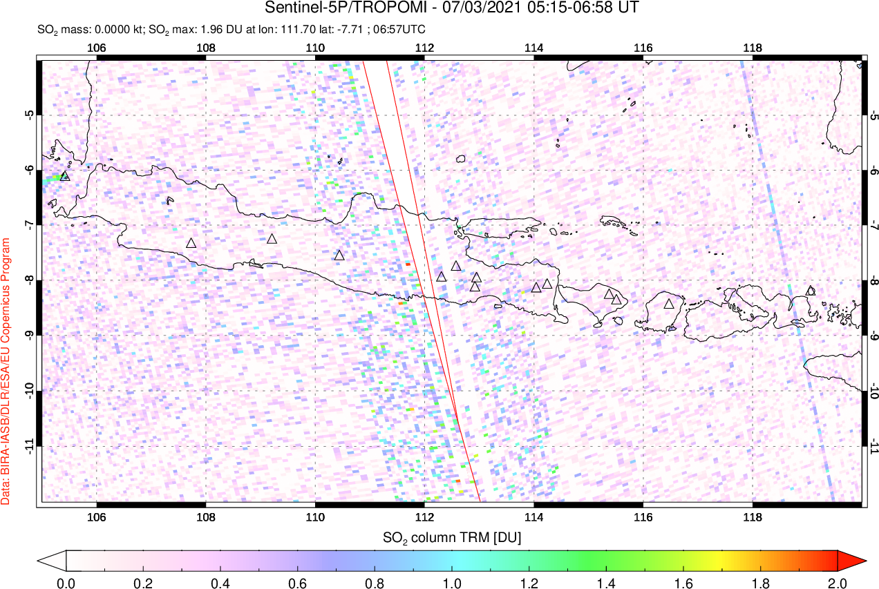 A sulfur dioxide image over Java, Indonesia on Jul 03, 2021.