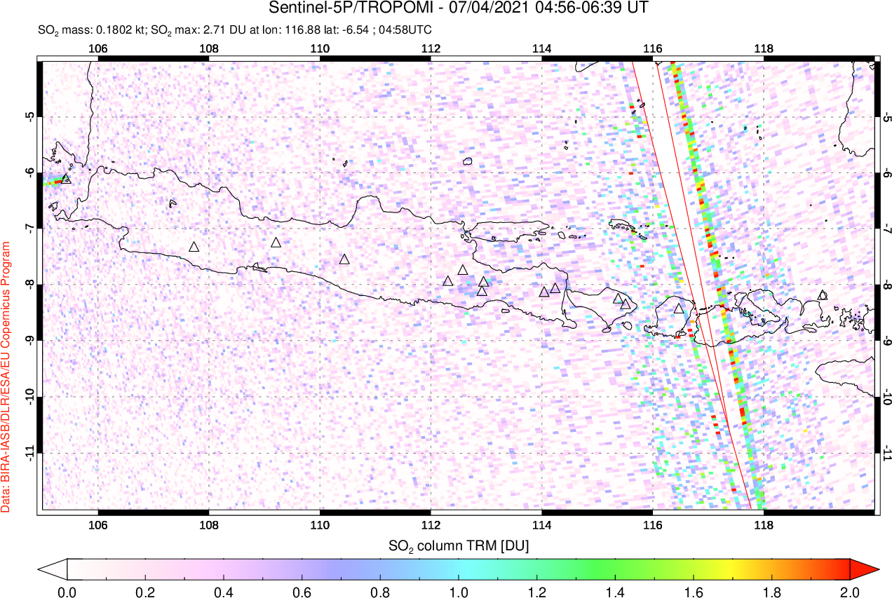 A sulfur dioxide image over Java, Indonesia on Jul 04, 2021.