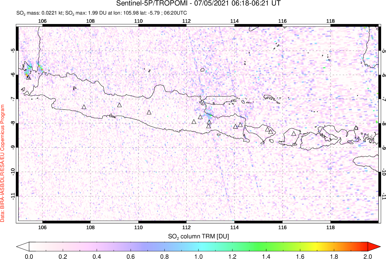 A sulfur dioxide image over Java, Indonesia on Jul 05, 2021.
