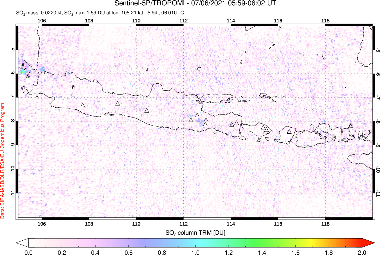 A sulfur dioxide image over Java, Indonesia on Jul 06, 2021.