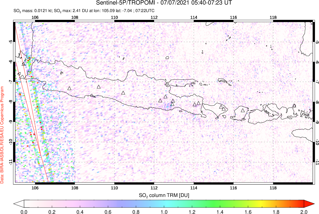A sulfur dioxide image over Java, Indonesia on Jul 07, 2021.