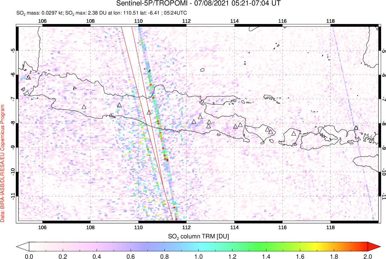A sulfur dioxide image over Java, Indonesia on Jul 08, 2021.