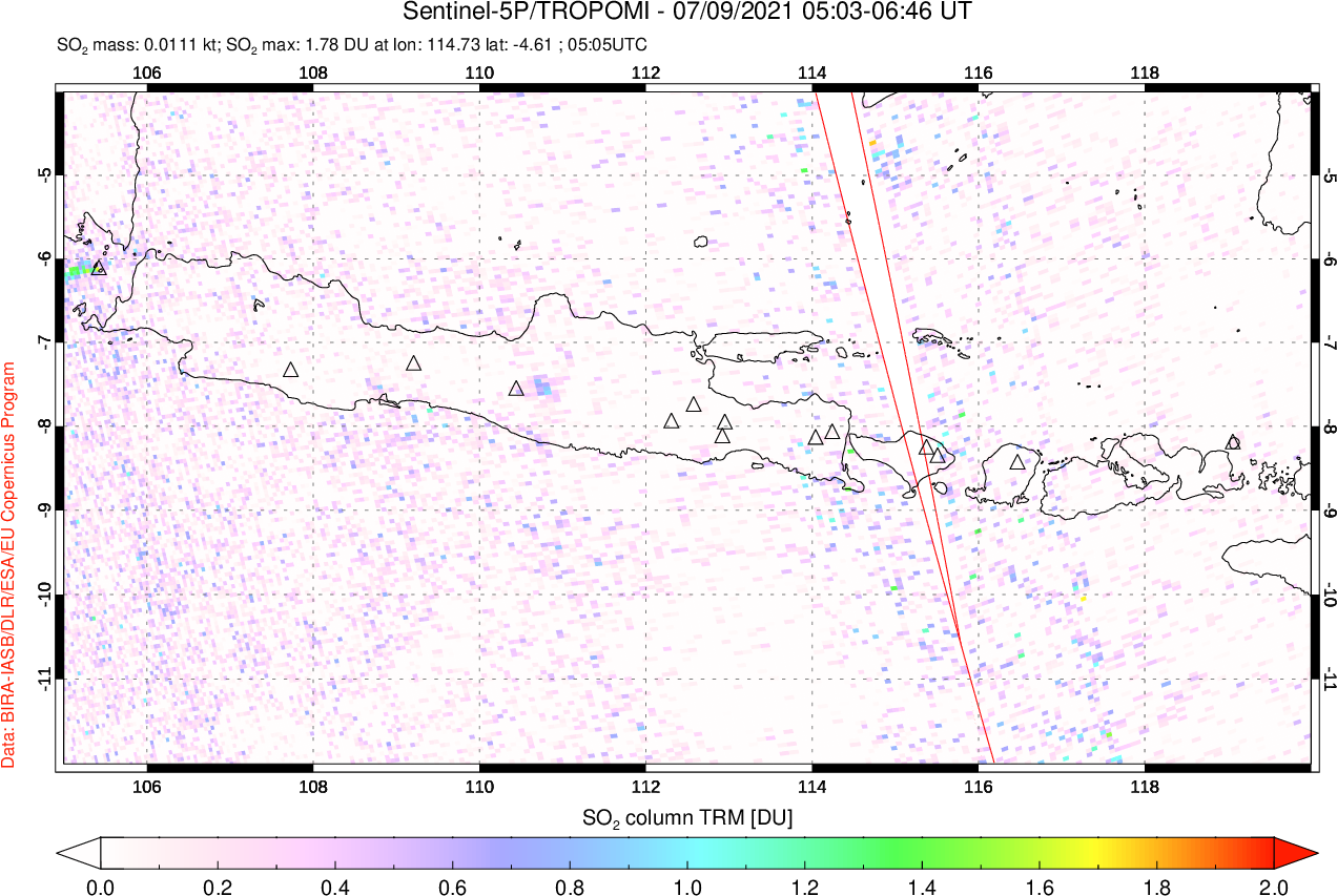 A sulfur dioxide image over Java, Indonesia on Jul 09, 2021.