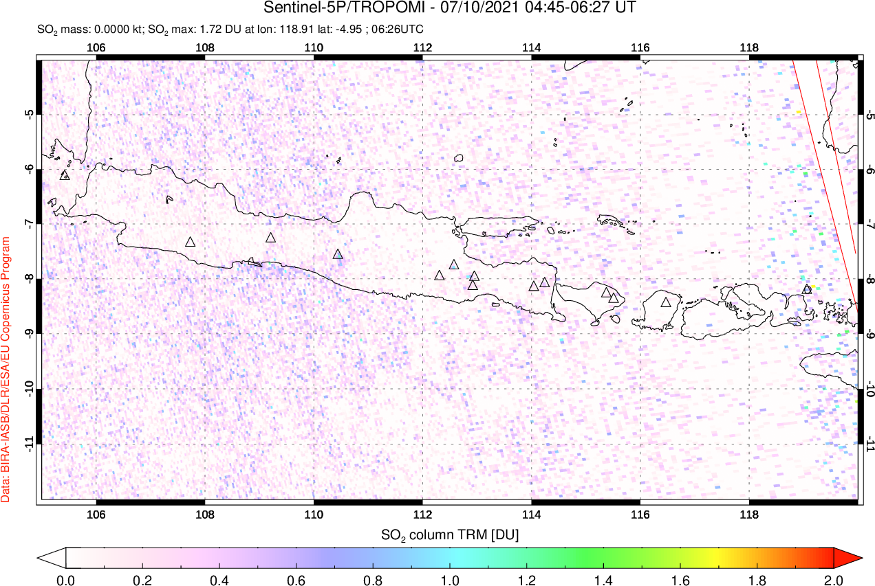 A sulfur dioxide image over Java, Indonesia on Jul 10, 2021.