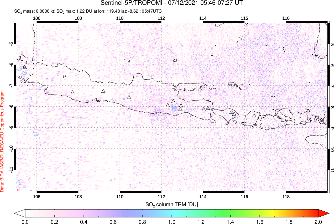 A sulfur dioxide image over Java, Indonesia on Jul 12, 2021.