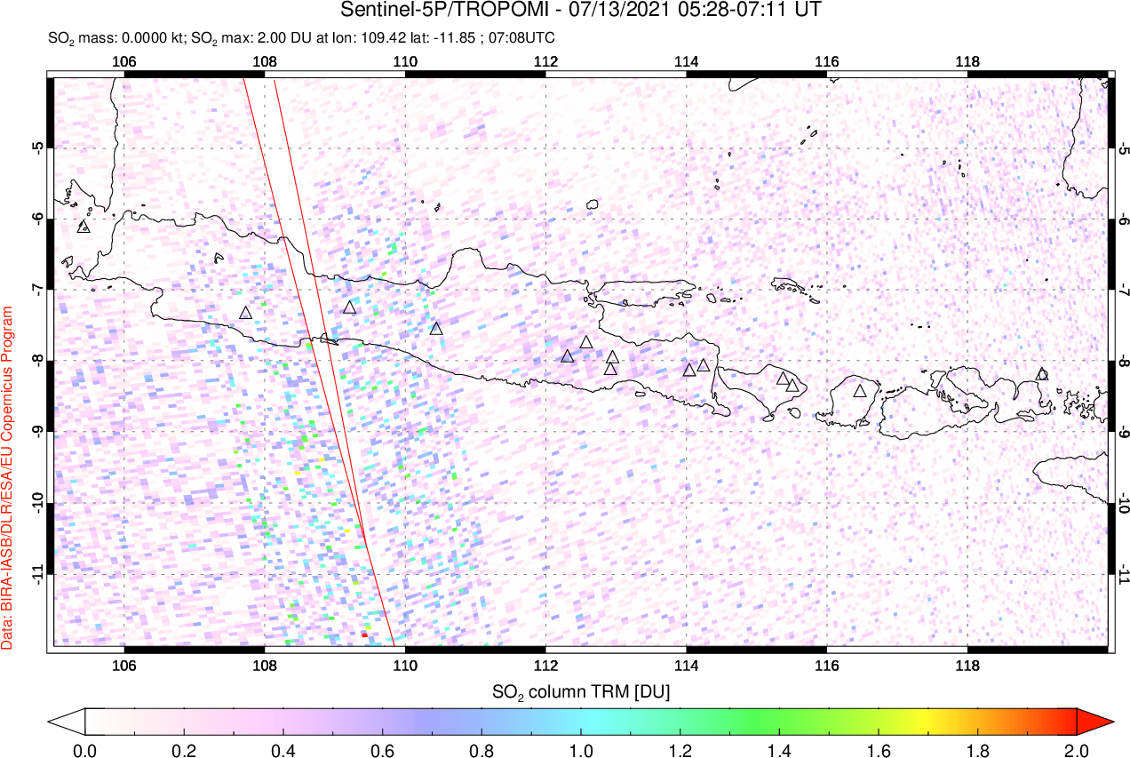 A sulfur dioxide image over Java, Indonesia on Jul 13, 2021.