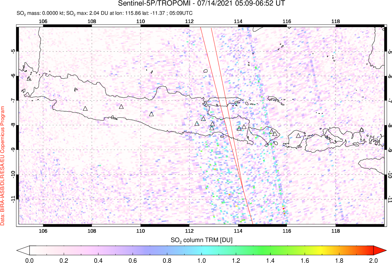 A sulfur dioxide image over Java, Indonesia on Jul 14, 2021.