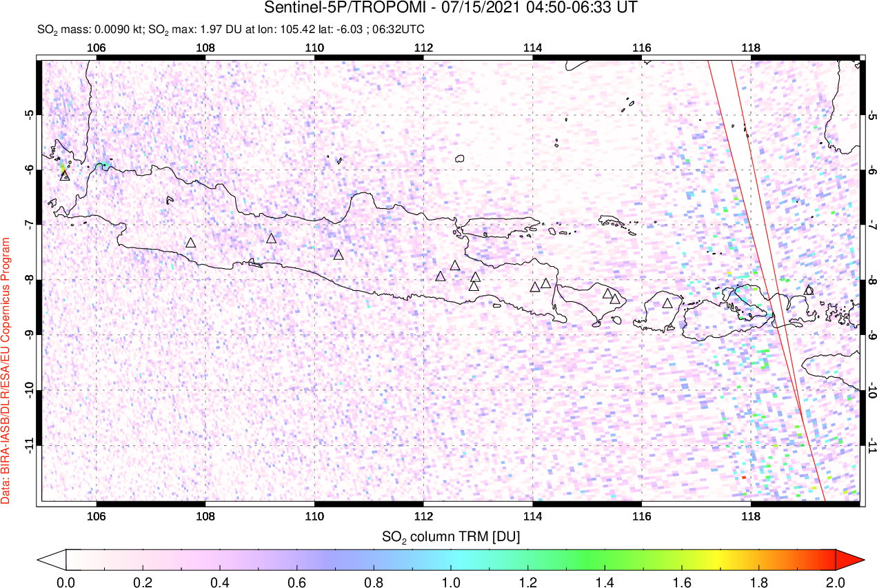 A sulfur dioxide image over Java, Indonesia on Jul 15, 2021.