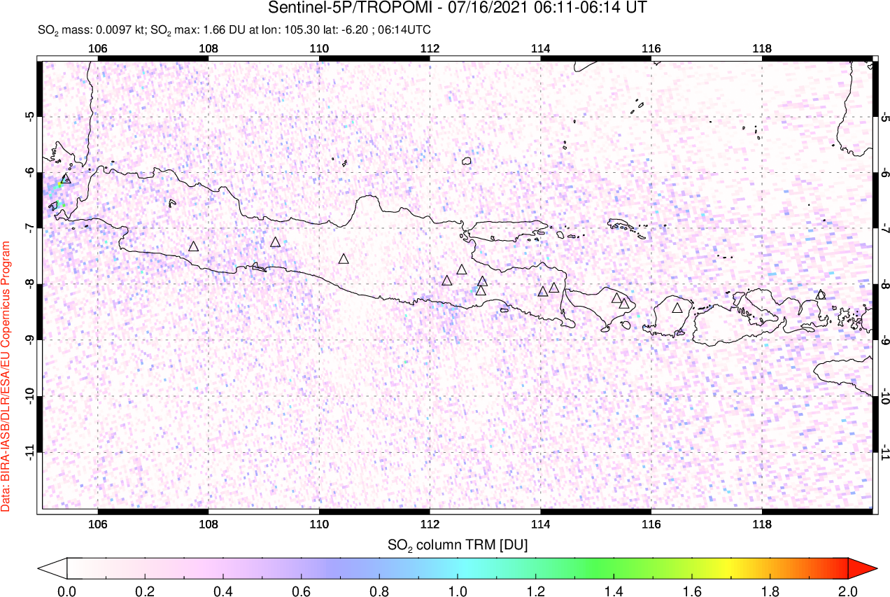 A sulfur dioxide image over Java, Indonesia on Jul 16, 2021.