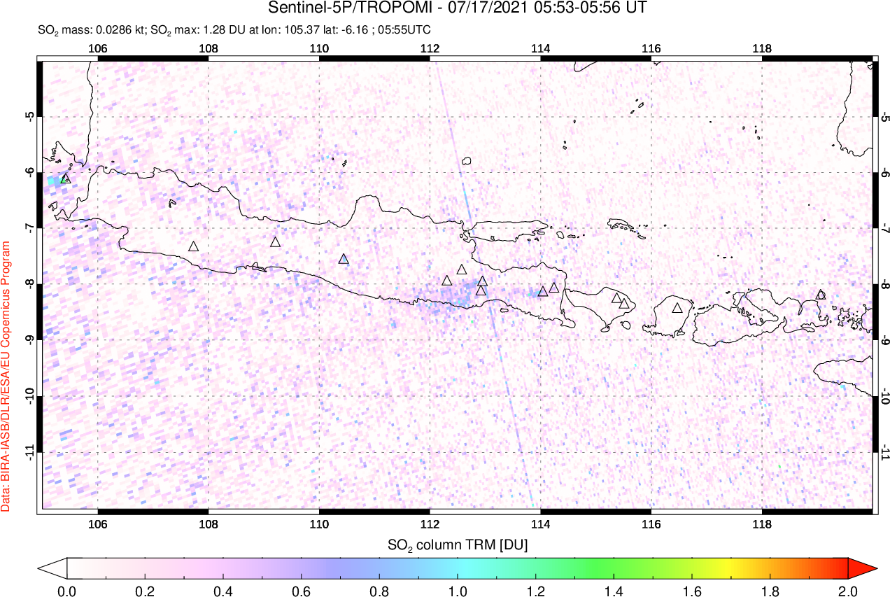 A sulfur dioxide image over Java, Indonesia on Jul 17, 2021.