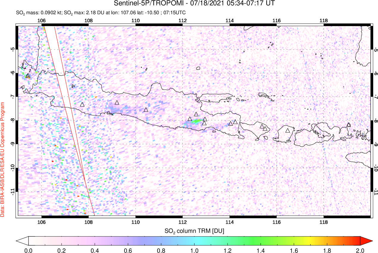 A sulfur dioxide image over Java, Indonesia on Jul 18, 2021.