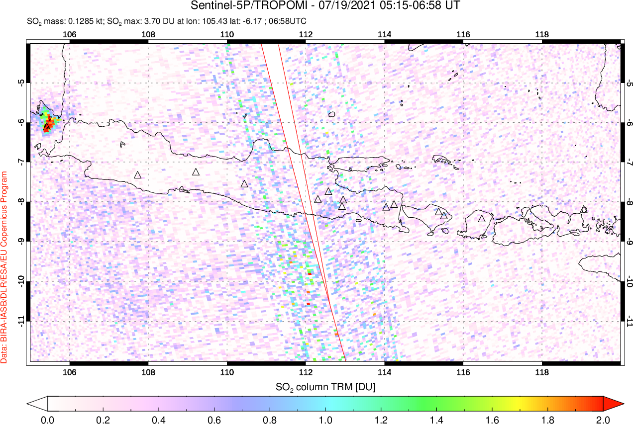 A sulfur dioxide image over Java, Indonesia on Jul 19, 2021.