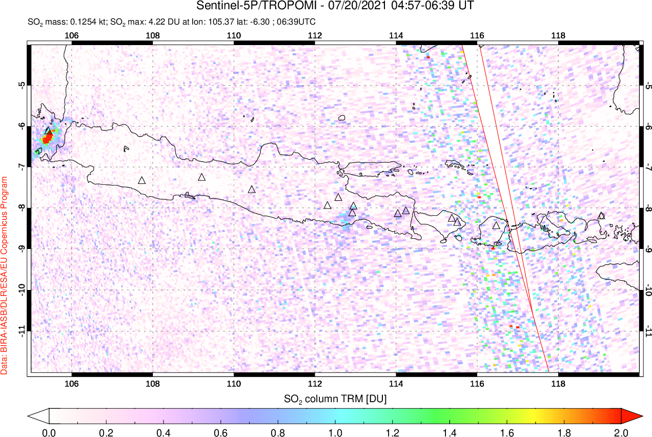 A sulfur dioxide image over Java, Indonesia on Jul 20, 2021.