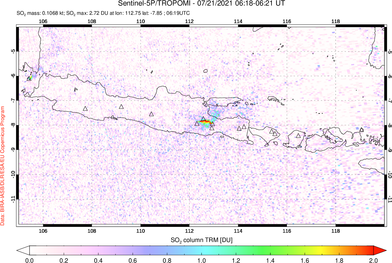 A sulfur dioxide image over Java, Indonesia on Jul 21, 2021.