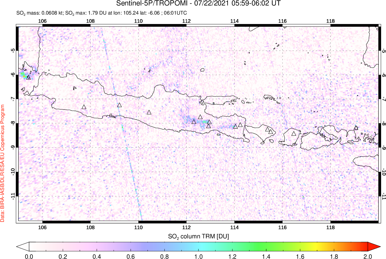 A sulfur dioxide image over Java, Indonesia on Jul 22, 2021.