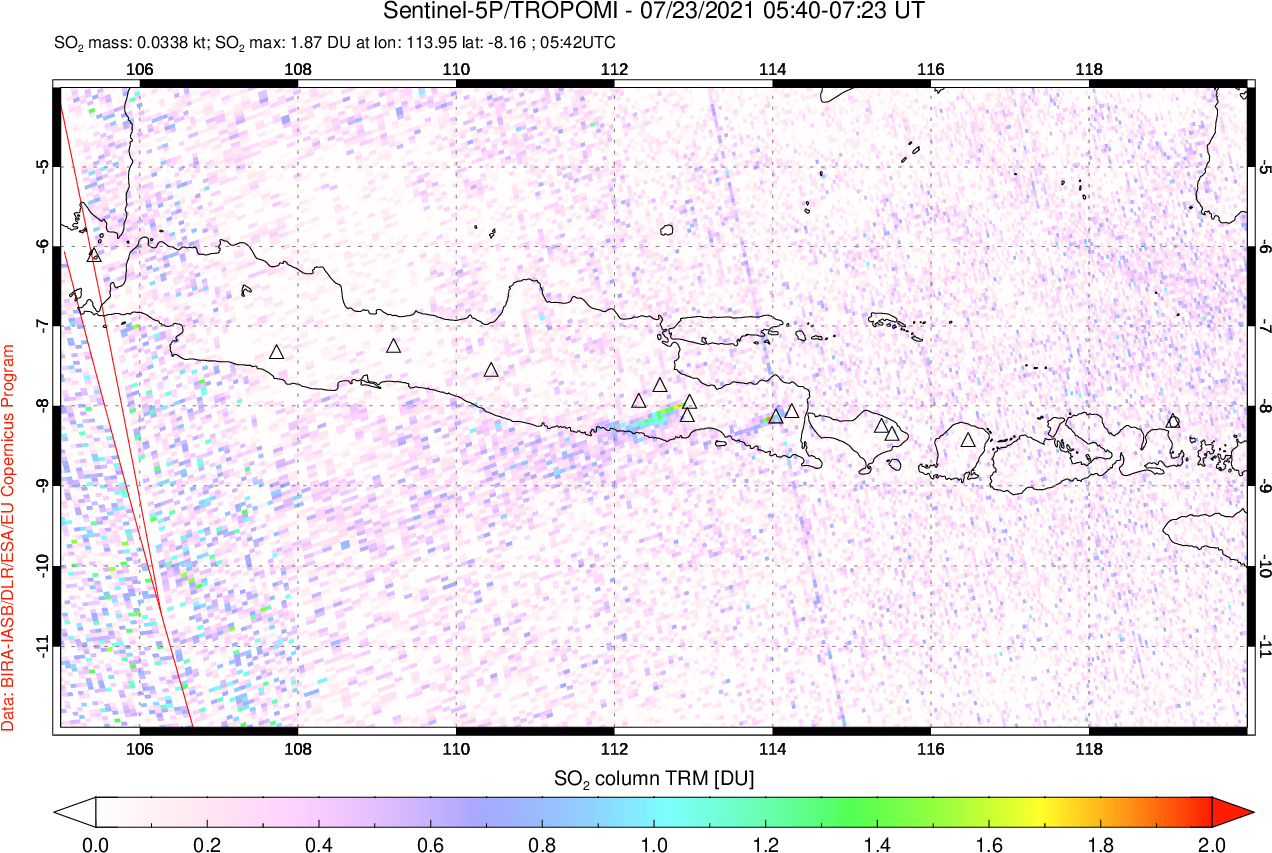 A sulfur dioxide image over Java, Indonesia on Jul 23, 2021.
