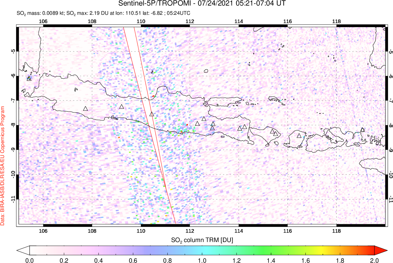 A sulfur dioxide image over Java, Indonesia on Jul 24, 2021.