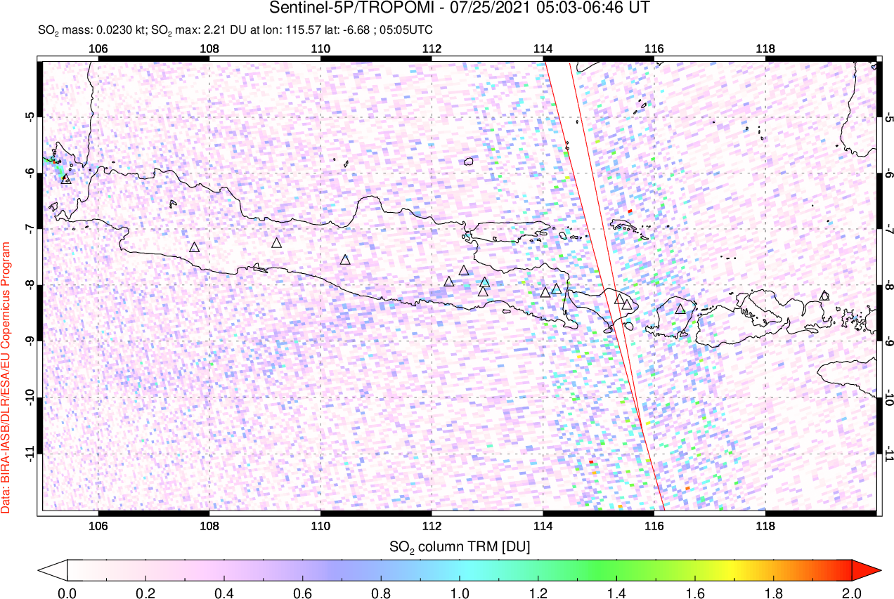 A sulfur dioxide image over Java, Indonesia on Jul 25, 2021.