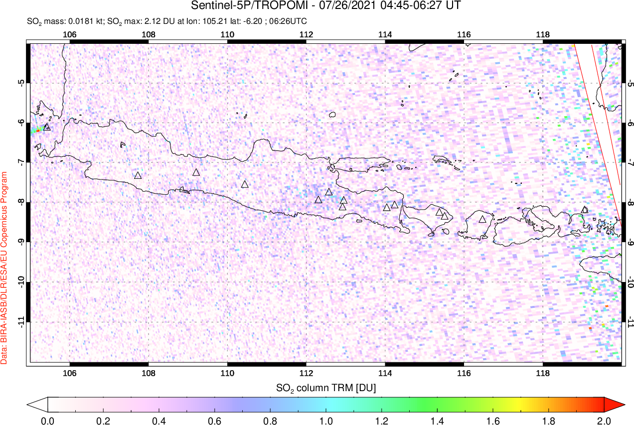 A sulfur dioxide image over Java, Indonesia on Jul 26, 2021.
