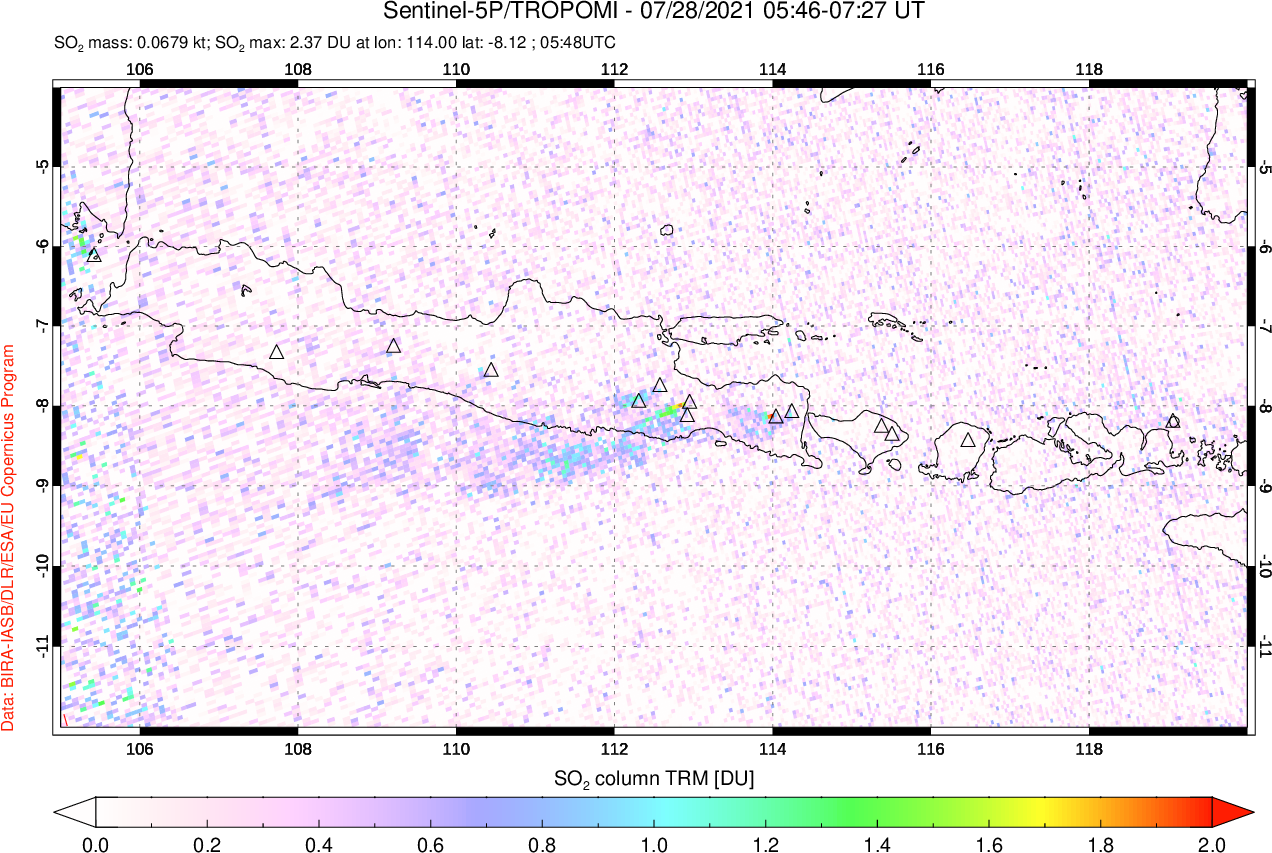 A sulfur dioxide image over Java, Indonesia on Jul 28, 2021.