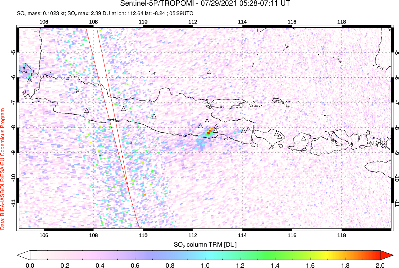 A sulfur dioxide image over Java, Indonesia on Jul 29, 2021.