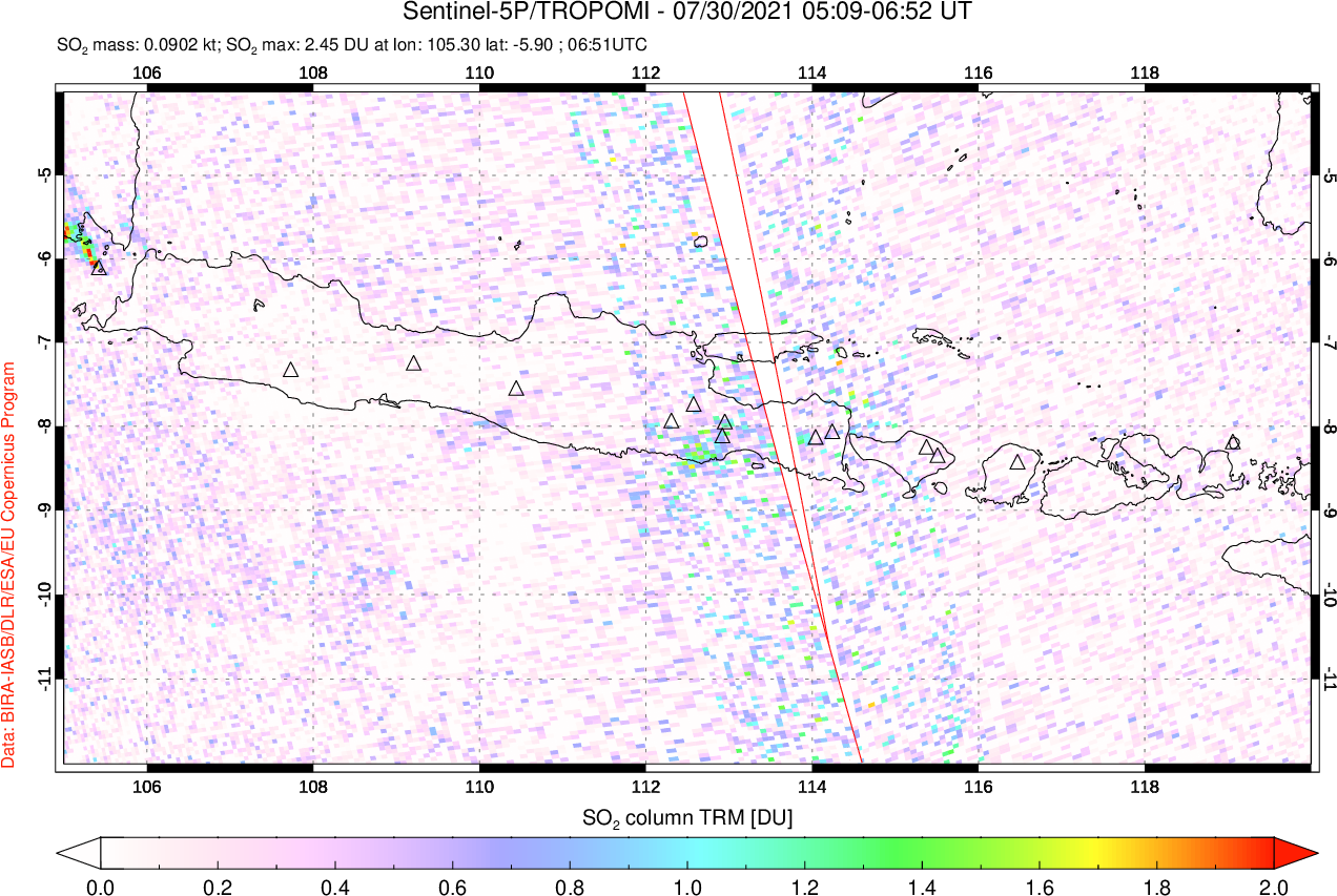 A sulfur dioxide image over Java, Indonesia on Jul 30, 2021.
