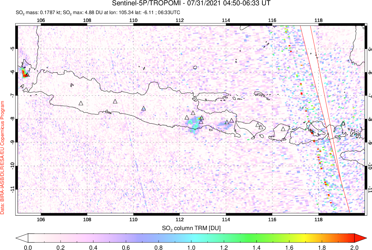 A sulfur dioxide image over Java, Indonesia on Jul 31, 2021.