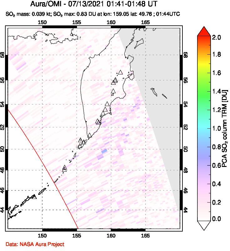 A sulfur dioxide image over Kamchatka, Russian Federation on Jul 13, 2021.