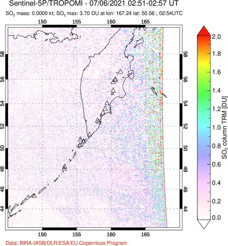 A sulfur dioxide image over Kamchatka, Russian Federation on Jul 06, 2021.