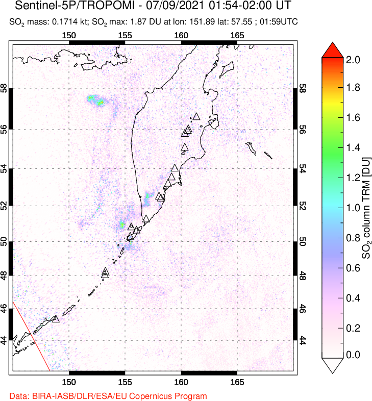 A sulfur dioxide image over Kamchatka, Russian Federation on Jul 09, 2021.