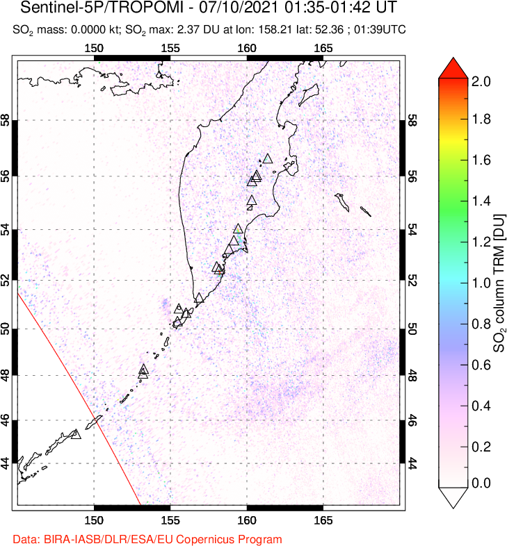 A sulfur dioxide image over Kamchatka, Russian Federation on Jul 10, 2021.