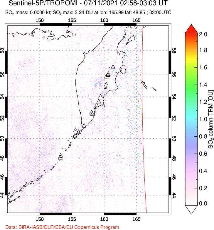 A sulfur dioxide image over Kamchatka, Russian Federation on Jul 11, 2021.