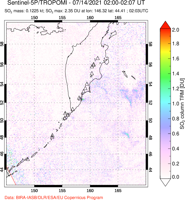 A sulfur dioxide image over Kamchatka, Russian Federation on Jul 14, 2021.