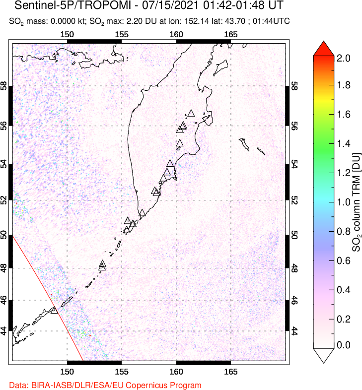 A sulfur dioxide image over Kamchatka, Russian Federation on Jul 15, 2021.