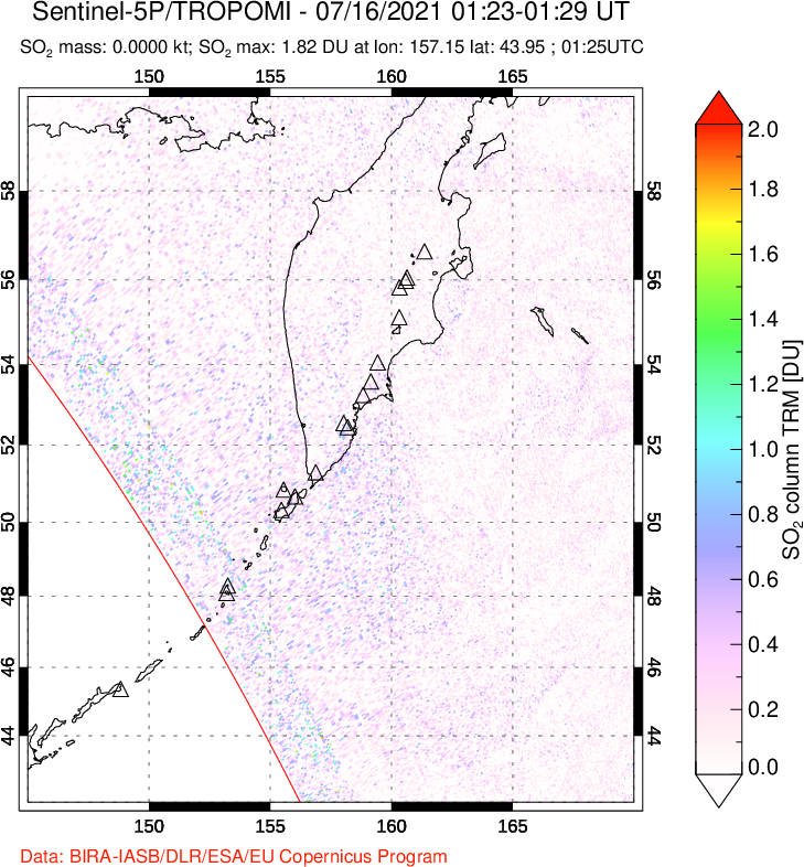 A sulfur dioxide image over Kamchatka, Russian Federation on Jul 16, 2021.