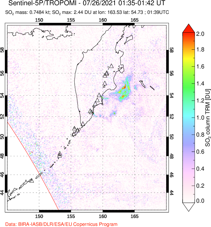 A sulfur dioxide image over Kamchatka, Russian Federation on Jul 26, 2021.