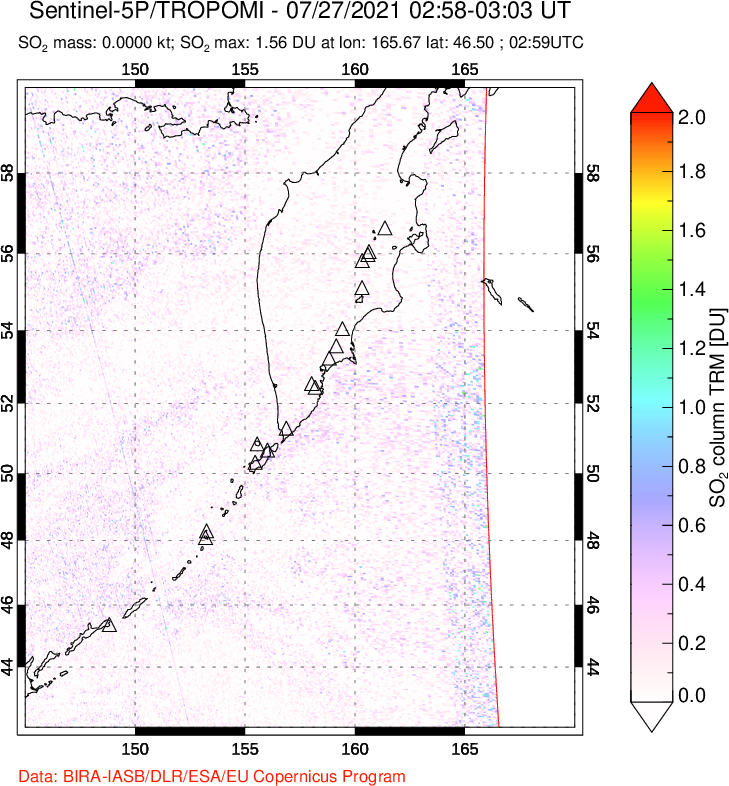 A sulfur dioxide image over Kamchatka, Russian Federation on Jul 27, 2021.