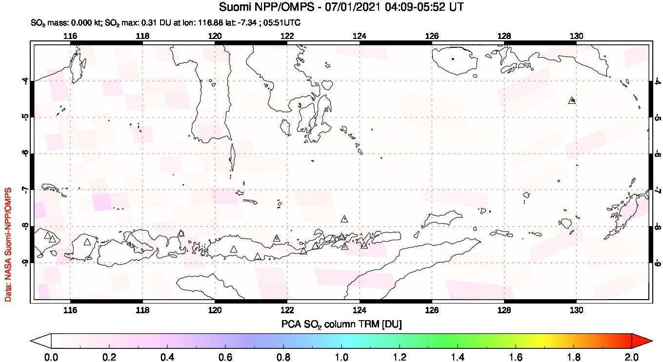 A sulfur dioxide image over Lesser Sunda Islands, Indonesia on Jul 01, 2021.