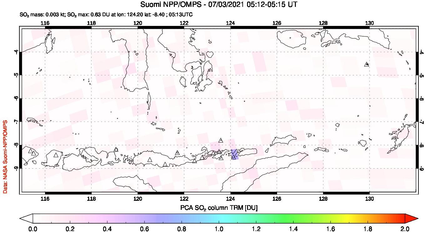 A sulfur dioxide image over Lesser Sunda Islands, Indonesia on Jul 03, 2021.