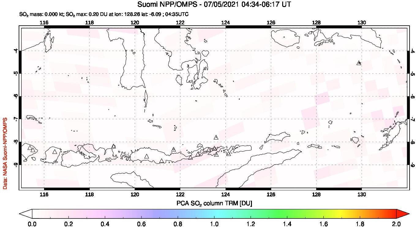 A sulfur dioxide image over Lesser Sunda Islands, Indonesia on Jul 05, 2021.