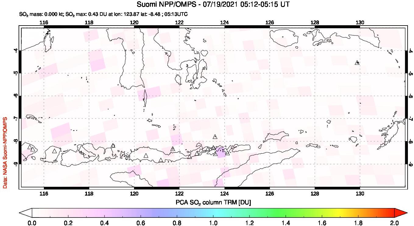 A sulfur dioxide image over Lesser Sunda Islands, Indonesia on Jul 19, 2021.