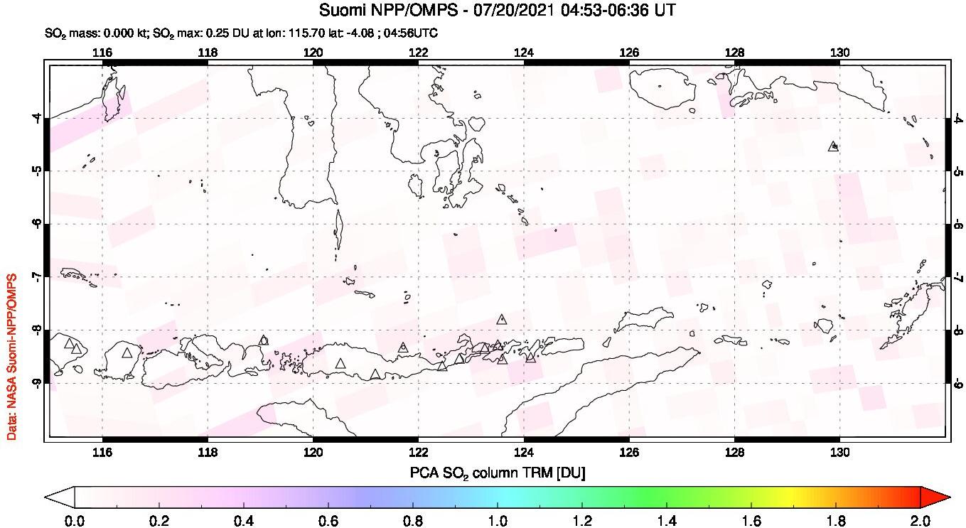 A sulfur dioxide image over Lesser Sunda Islands, Indonesia on Jul 20, 2021.