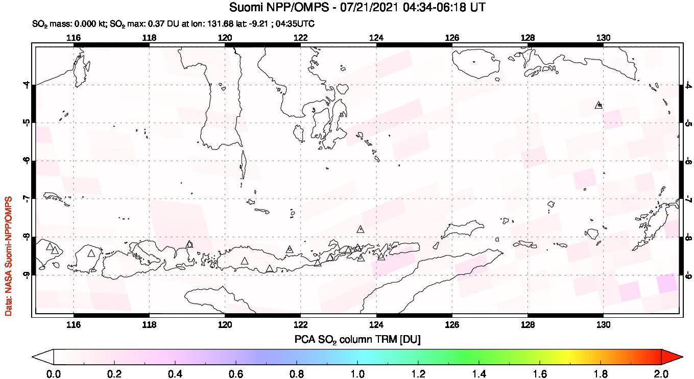 A sulfur dioxide image over Lesser Sunda Islands, Indonesia on Jul 21, 2021.